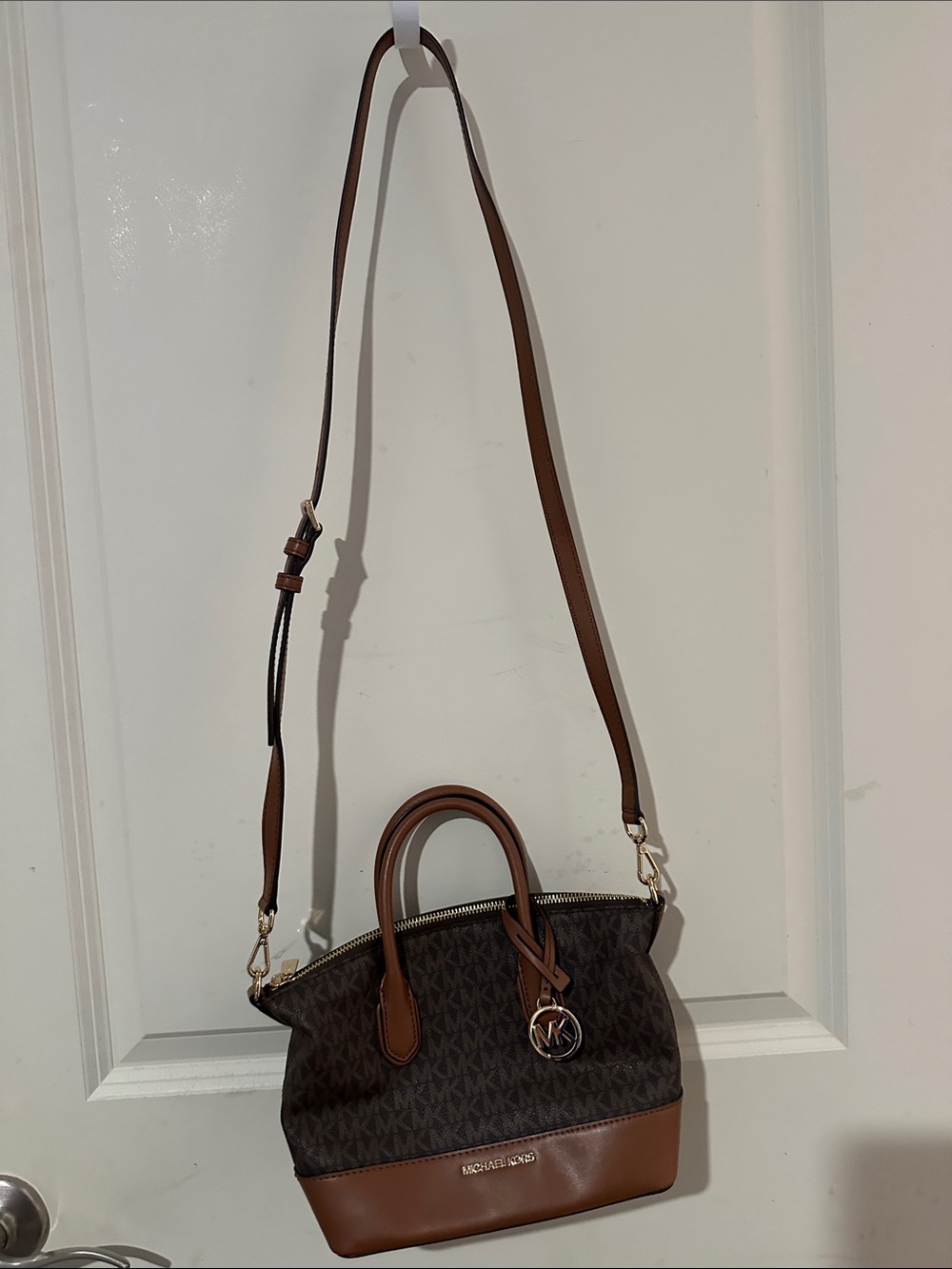 Michael Kors Brown Logo Crossbody Satchel with Tan Trim
